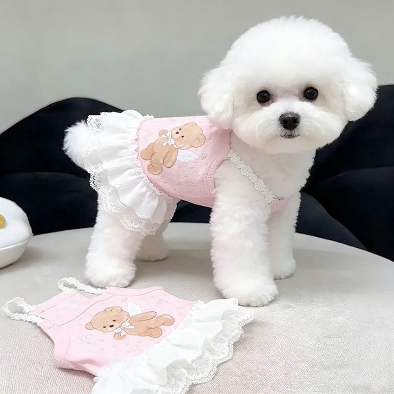 Quần Áo Cho Chó Mùa Xuân Mùa Hè Áo Vest Mỏng In Hình Gấu Váy Ren Quần Áo Thú Cưng