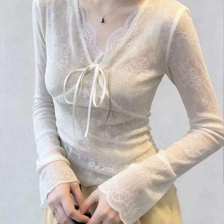 Áo thun dài tay nữ cổ chữ V có dây buộc phong cách Pháp, chất liệu ren giả slim-fit