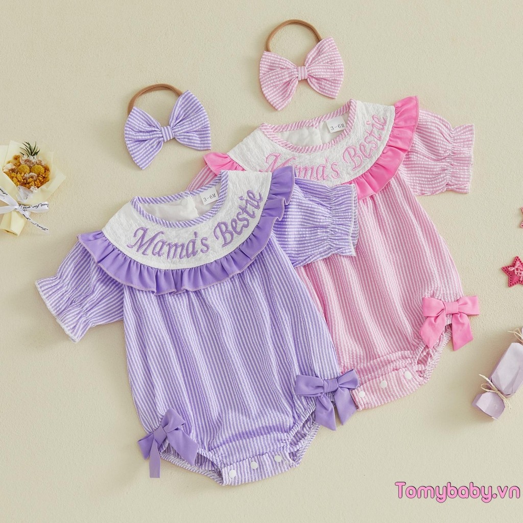 [lpDL] Bộ áo liền quần và băng đô nơ thêu chữ sọc cho bé gái