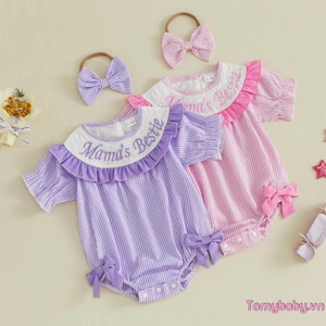 Bộ áo liền quần và băng đô nơ thêu chữ sọc cho bé gái