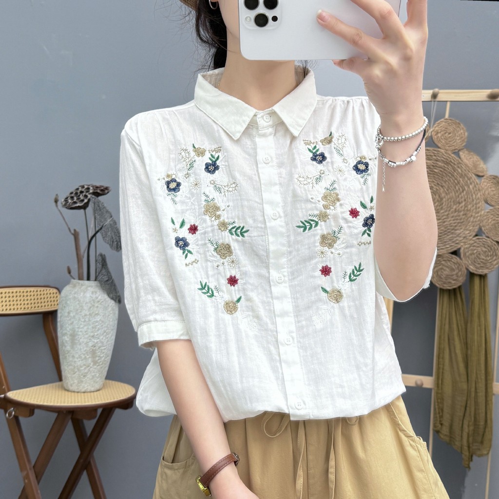 Áo sơ mi nữ 100% sợi cotton cao cấp, thiết kế nghệ thuật gai rời thêu, phù hợp mùa hè