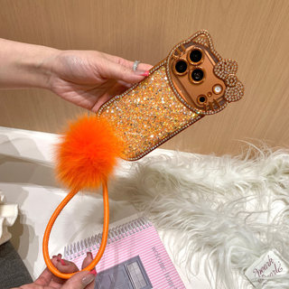 Ốp lưng iPhone tai mèo Bling màu cam có dây đeo cổ tay Pom-Pom | Ốp Điện Thoại Lấp Lánh Lấp Lánh Lấp Lánh Cho iphone 17 17ProMax 17Pro 16 15 14 Vỏ
