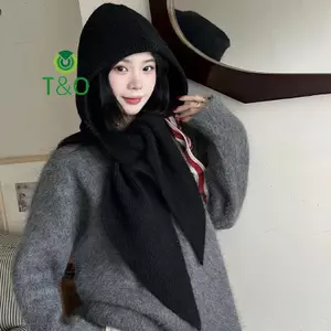 Mũ ấm áp và khăn quàng cổ kiểu Hàn Quốc, dệt kim trơn cho mùa thu đông