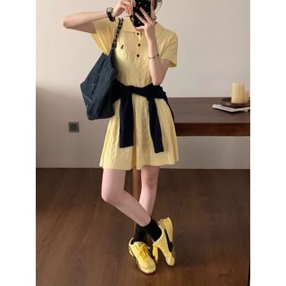 Đầm dệt kim tay ngắn mùa xuân cho phụ nữ, dáng A, eo thon, giảm béo, cổ polo, dài đến đầu gối
