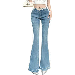 Quần ống loe nữ cạp trung đệm hông viền ren slim dài xanh nhạt mới xuân 2025 Closet Diary