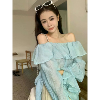 Áo sơ mi xếp ly cổ phẳng xù màu xanh kiểu Pháp xù kiểu dáng mỏng dáng rộng khí chất phù hợp với mọi trận đấu hàng ngày cho bé gái xuân thu mới hàng đầu hợp thời trang