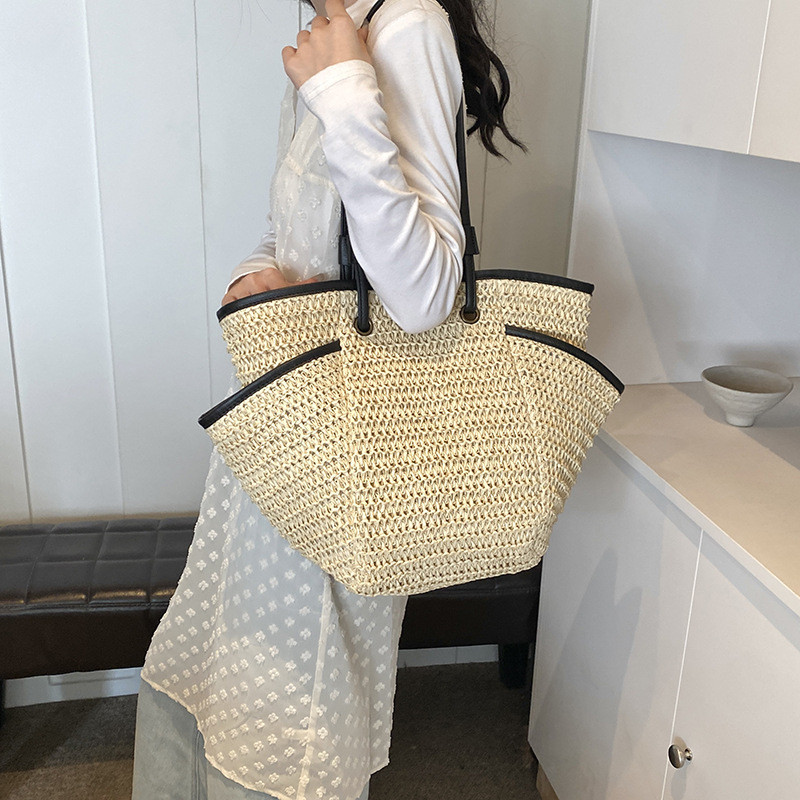 GC2 Túi tote dung tích lớn dành cho nữ đi biển phong cách kỳ nghỉ lười biếng túi đeo vai mới handmade dệt CG2