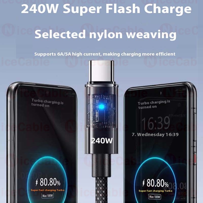 Cáp bện Nylon cường độ cao 25CM / 1M / 1.5M / 2M 240W Cáp dữ liệu siêu sạc USB sang Type C Dây sạc điện thoại có kho sạc trong suốt