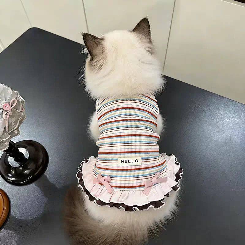 【Ready Stock】 Bow for Cats and Dogs Fresh Girl Sense Spring and Autumn Clothing Thin Ins Style Pet Striped Top Double-Layer Skirt nFit
