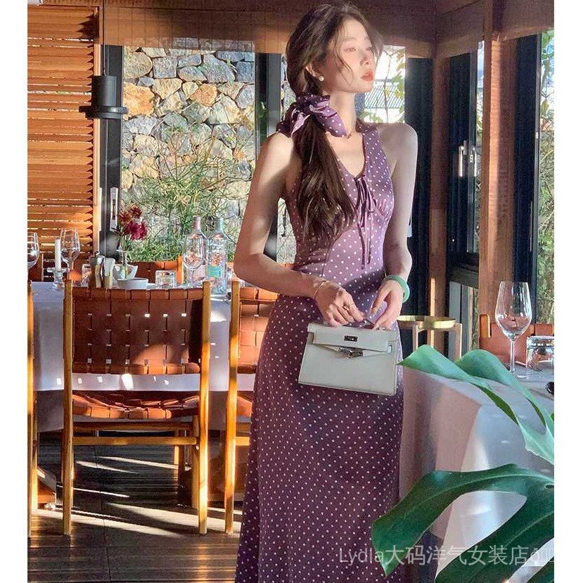 [Khuyến mãi 10%] Đầm nữ màu tím chấm bi, thiết kế ômbody gợi cảm, phù hợp mặc mùa hè