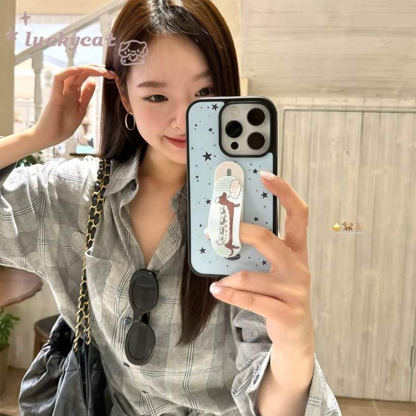 Ins Đơn Giản Ngôi Sao Ren Mũ Da Chó Vỏ Điện Thoại + Chân Đế Cho iPhone 17 16 15 14 13 12 11 Pro Max X XR XS Max 8 Plus SE2020