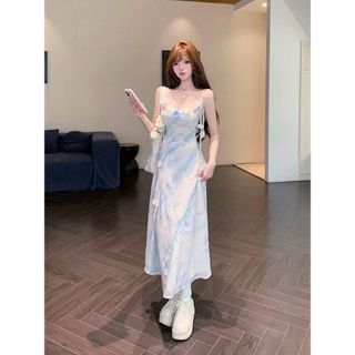 Đầm nghỉ dưỡng phong cách Pháp thuần khiết, đầm dài hai dây mùa hè thanh lịch tôn dáng cho Nữ