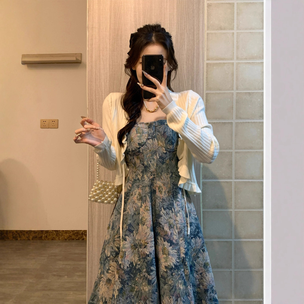 [Hàng có sẵn] Đầm nữ chất lượng cao Váy treo hoa cổ điển kiểu Pháp dành cho nữ Xuân hè thu đông eo mới Skinny và ngọt ngào