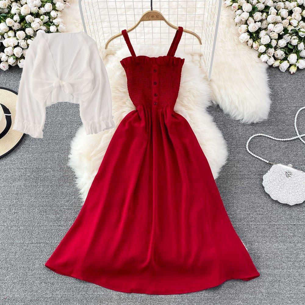 Thời Trang Mùa Hè 2026 Mỡ mm Pháp Niche Retro Cao Cấp Ôm Hơn Nhìn Sling Váy Dài + Khăn choàng voan Chống Nắng Quần Áo Bộ Hai Mảnh