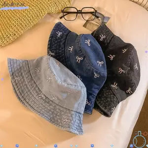 Mũ ngư dân Denim DAYBREAK, Mũ xô mềm có thể gập lại, Nơ thoáng khí thêu vành rộng Mũ chống nắng đi biển