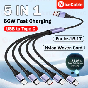 Cáp sạc nhanh 66W USB sang Type C Cáp dữ liệu chống vỡ bện Nylon 5 TRONG 1 90°Dây sạc điện thoại thiết kế khuỷu tay cho ios / Android