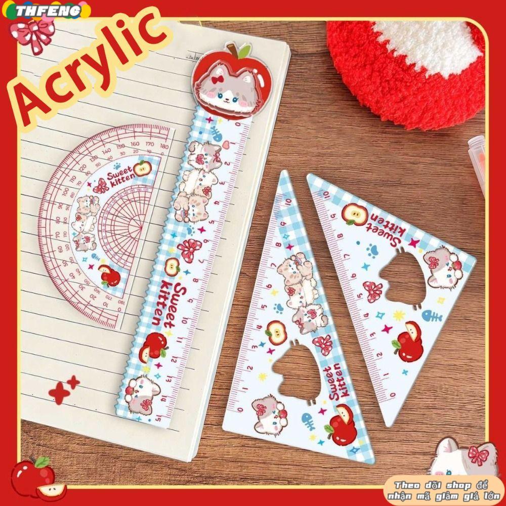 THFENG 4 Thước Thẳng, Bộ Thước Đo Acrylic Vẽ Văn Phòng Phẩm, Mèo Con Đỏ / Bộ Chó Con Xanh Quà Tặng Vuông