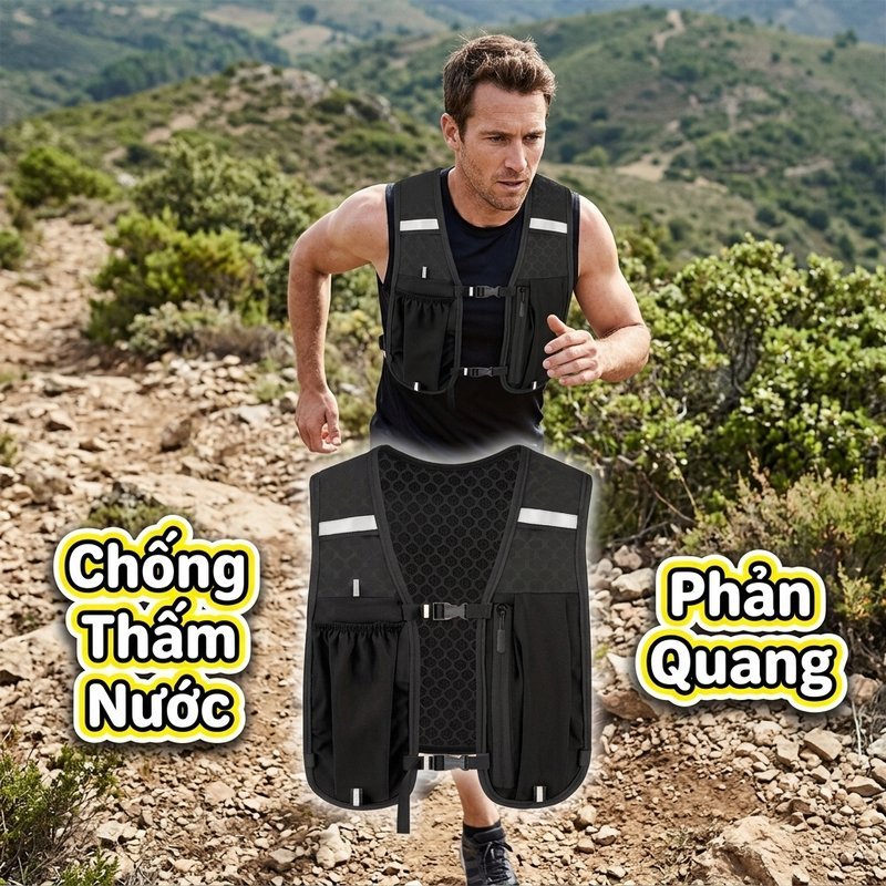 Áo vest chạy bộ nhẹ thoáng khí nhiều ngăn đựng điện thoại bình nước dải phản quang chạy marathon