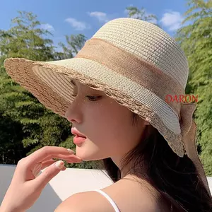 Mũ đi biển dệt rơm DARON, Mũ dệt viền lớn có thể gập lại di động, Mũ cưỡi ngựa rỗng bằng Cotton thoáng khí Mũ ngư dân mùa hè