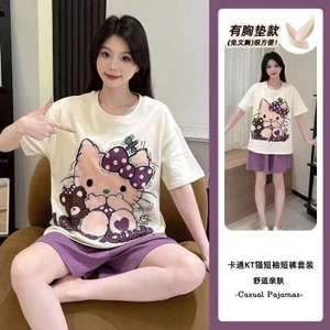 2025 Cổ Tròn Áo Chui Đầu Hoạt Hình Dễ Thương Bộ Đồ Ngủ Nữ Đôi Ngắn Mây Cotton Homewear Thường Ngày Thoải Mái Mặc