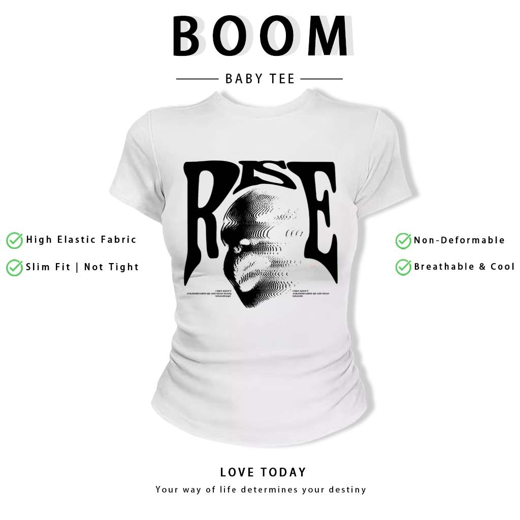 BOOM Áo Baby Tee Nữ Cotton Ôm Body-Áo Thun Ngắn Tay Y2K In Hình PhongCách Mùa Hè, Cổ Tròn Hàng Đầucách hàn quốc phongQ35
