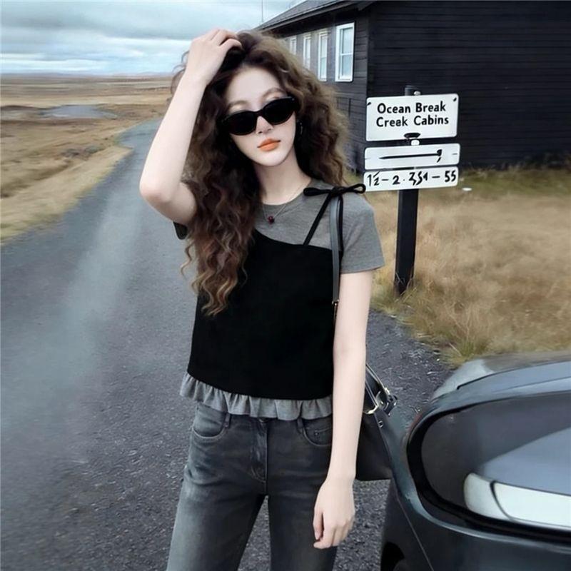 [Ưu đãi có hạn trong thời gian] Áo thun ngắn tay hai mảnh giả dành cho nữ mùa hè sang trọng Slimer Look Top