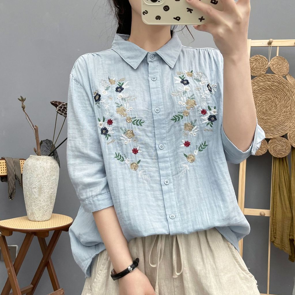 Áo sơ mi nữ 100% sợi cotton cao cấp, thiết kế nghệ thuật gai rời thêu, phù hợp mùa hè