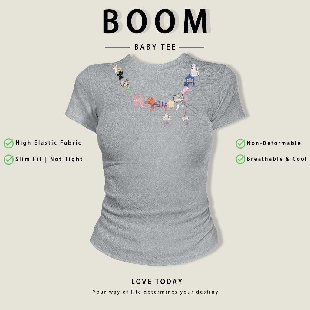 BOOM Áo Baby Tee Nữ Cotton Ôm Body-Áo Thun Ngắn Tay Y2K In Hình PhongCách Mùa Hè, Cổ Tròn Hàng Đầucách hàn quốc phongW25