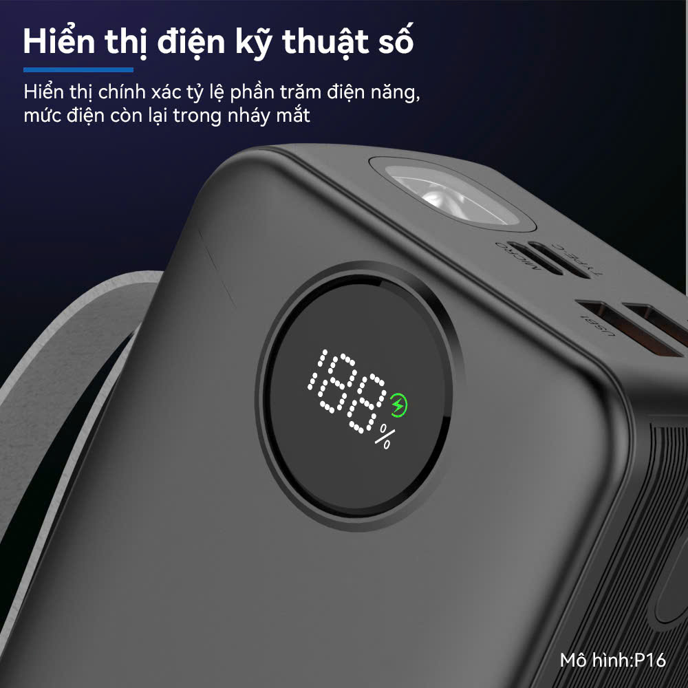 Sạc Dự Phòng 50000mAh Sạc Nhanh PD20W/22.5W Chứng Nhận 3C Nhiều Cổng Sạc Dây Tích Hợp Màn Hình LED Đèn Pin Chiếu Sáng