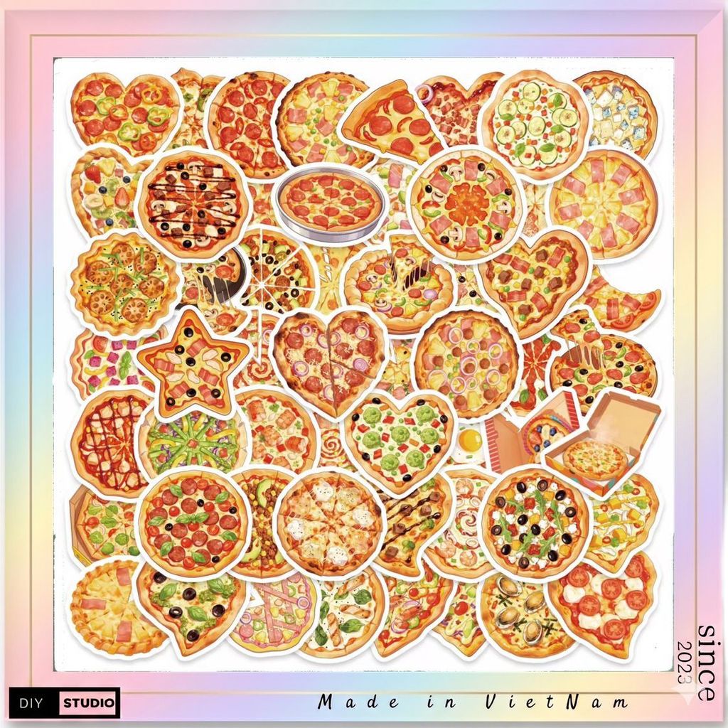 100 sticker bánh pizza đồ ăn hấp dẫn nhiều mẫu để trang trí chống nước tốt