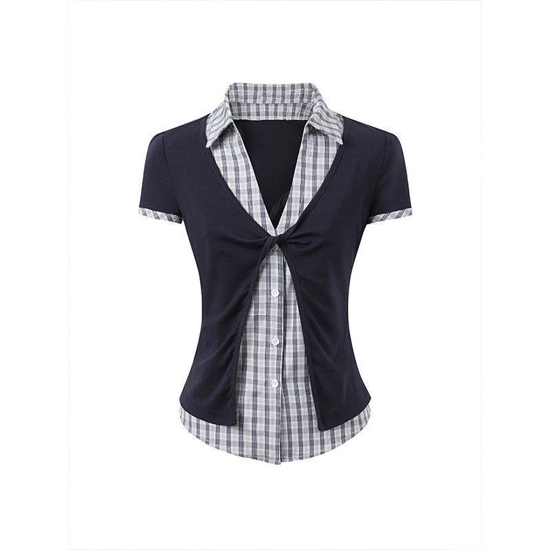 Preppy Phong Cách Giả Hai Mảnh Áo Sơ Mi Tay Ngắn Nữ Mùa Hè Tương Phản Màu Khâu Kẻ Sọc Trang Trọng Áo Sơ Mi Vai Slim @ -
