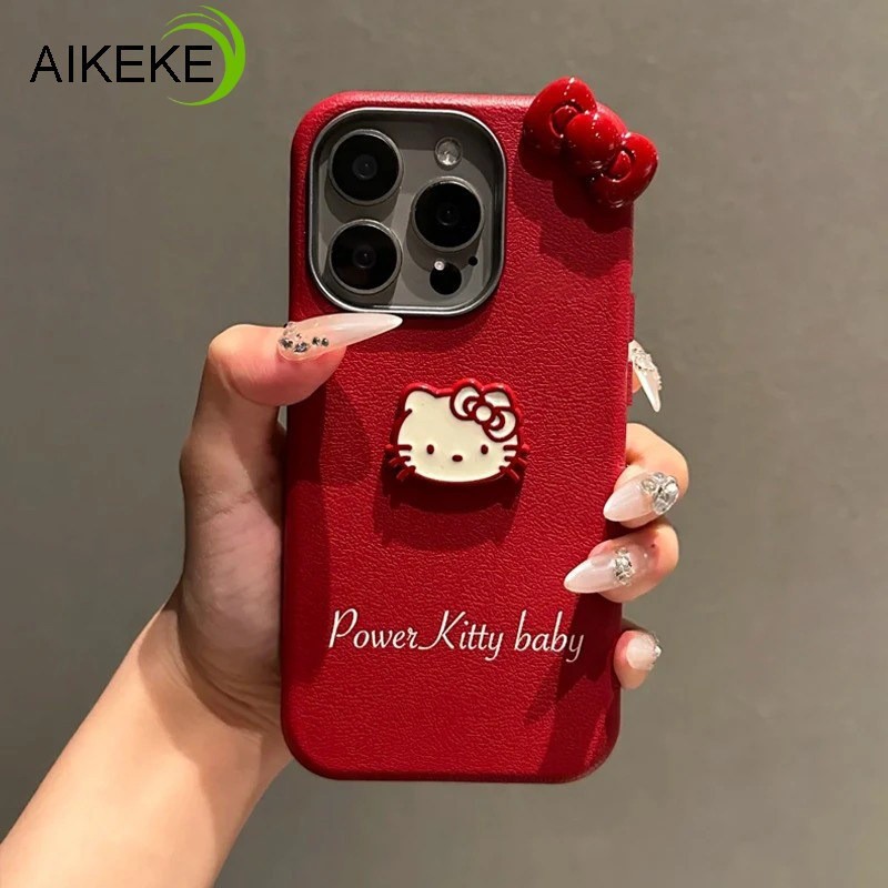 Ốp Điện Thoại Da PU Màu Đỏ Năm Mới Cho Xiaomi 17 15T 15 14T Pro Max Poco C85 C85X C71 5G 4G Vỏ Nơ Kitty 3D Dễ Thương Vỏ Mềm Chống Sốc