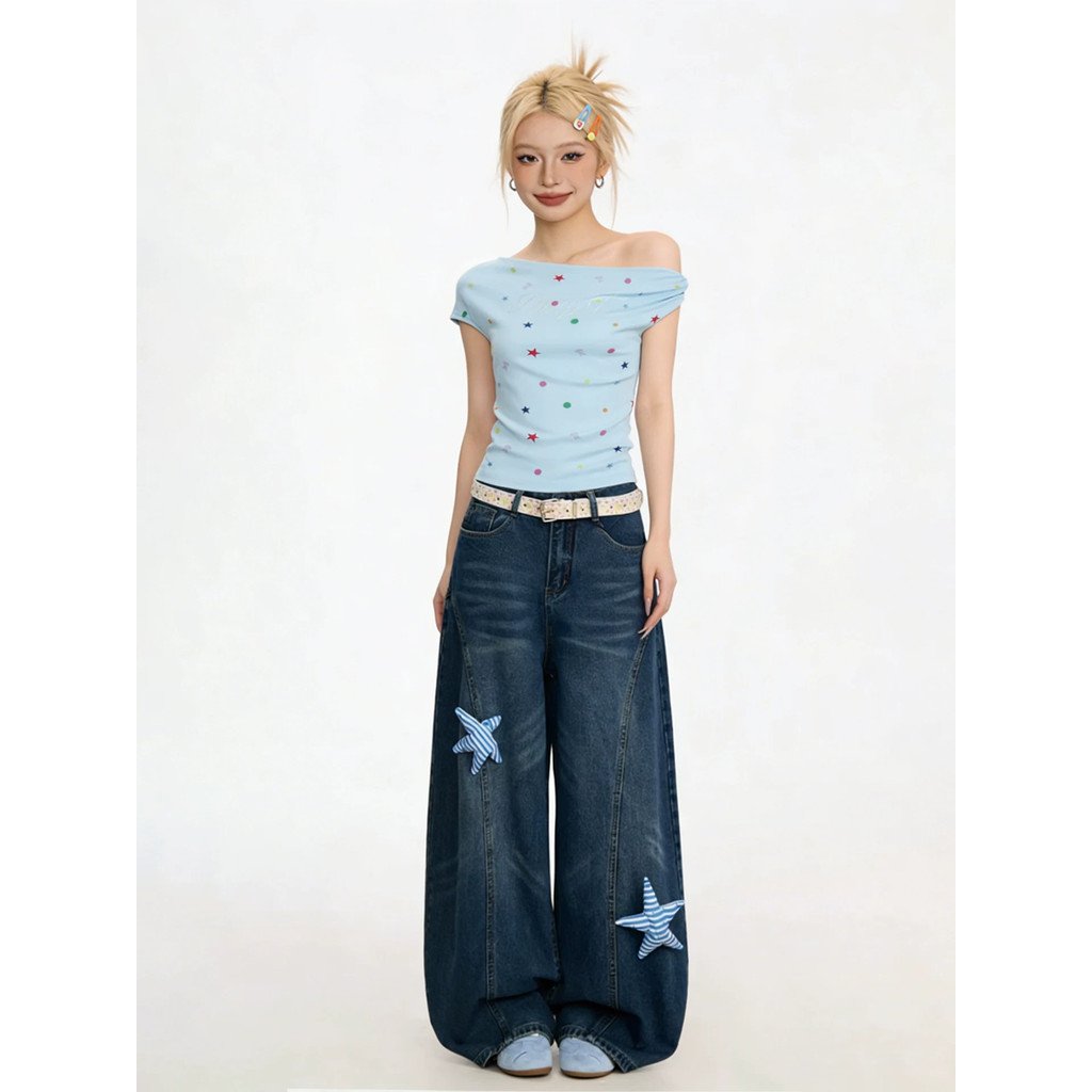 Áo Thun babytee Màu chấm bi in hình vai nghiêng mùa hè Dopamine Color Series