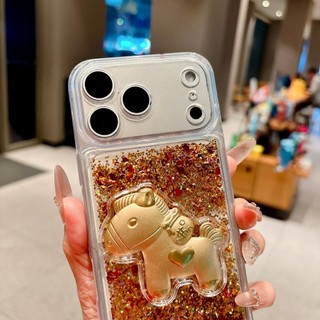 Có Tiền 3D Ngựa Vàng Túi May Mắn Lấp Lánh Quicksand Sequin Ốp Lưng Điện Thoại iPhone 17Promax 17Pro 12 13 14 15 16 Pro Max 11 15Plus Mềm Trong Suốt Nữ Vỏ Di Động