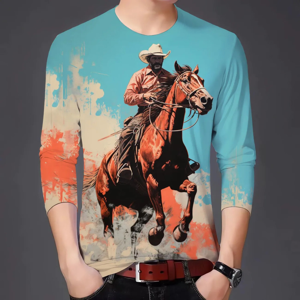 Áo thun unisex họa tiết ngựa, thời trang cổ tròn tay dài