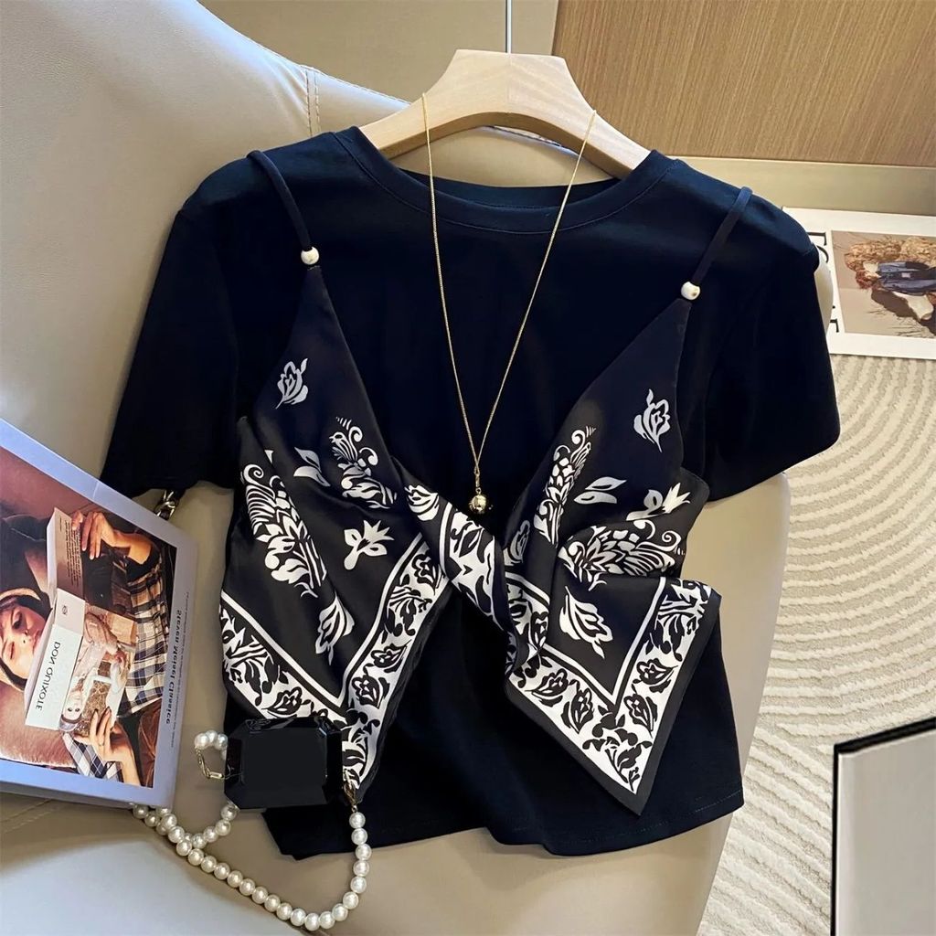 Milyfashion Áo Hai Mảnh Màu Sắc Tương Phản, Khâu Giả, Tay Ngắn, Size Lớn - Thời Trang Cho Nữ