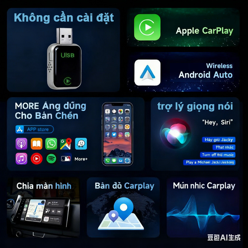 Bộ Chuyển Đổi Ô Tô 2in1 - Nâng Cấp Lên CarPlay & Android Auto Không Dây Từ Cổng Có Dây, Hỗ Trợ WiFi 5G & OTA