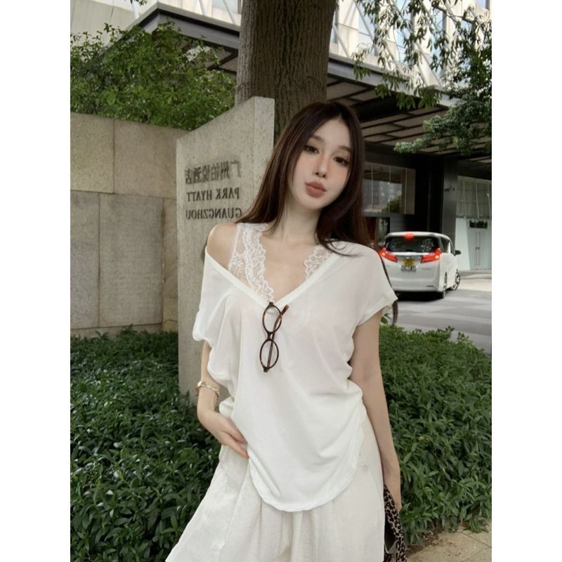 Áo Thun Nữ Mỏng Nhẹ Phong Cách Hàn Quốc, Cổ Chữ V Ngắn Tay, Ren Bên Trong, Phù Hợp Mùa Hè
