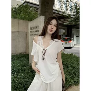 Áo Thun Nữ Mỏng Nhẹ Phong Cách Hàn Quốc, Cổ Chữ V Ngắn Tay, Ren Bên Trong, Phù Hợp Mùa Hè