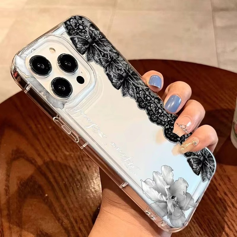 Ốp điện thoại in hoa ren trắng đen phong cách Gothic cho iPhone 17 16 15 14 13 12 11 Pro Max 17E 16E 7 8 Plus X XS XR Vỏ mềm trong suốt chống sốc