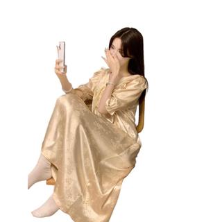 Váy ngủ ngắn tay mùa hè kiểu Trung Hoa mới, chất liệu satin jacquard, dáng rộng rãi trẻ trung cho Nữ