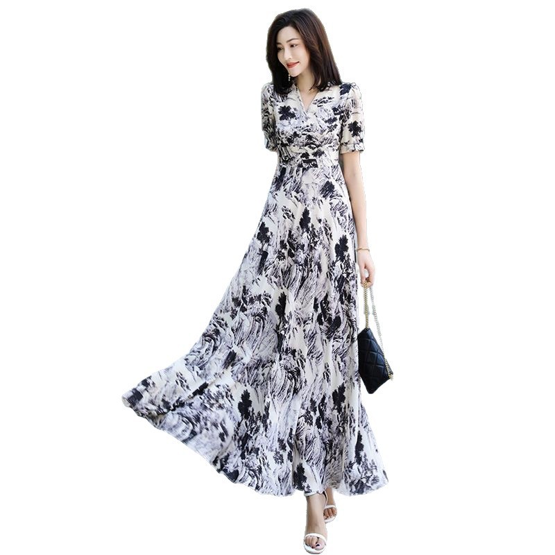 Váy họa tiết tranh thủy mặc dành cho nữ, phong cách cổ điển cao cấp, thiết kế mới mùa hè, ôm eo, vạt rộng, váy dài