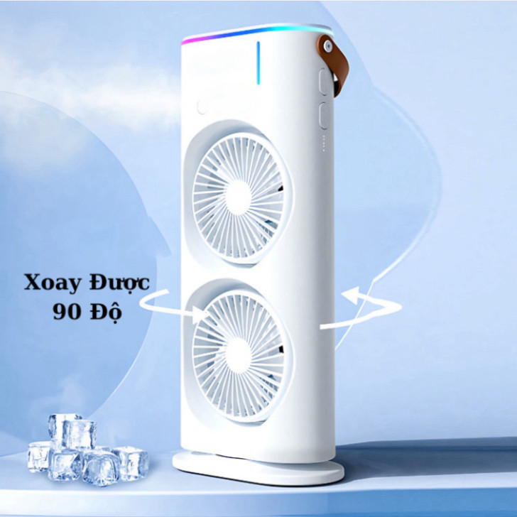 Quạt Điều Hòa Tích Điện 2 Tầng Để Bàn Phun Sương 3 Tốc Độ Gió Tích Hợp Đèn Led Có Remote Tiện Lợi