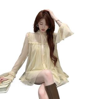 Áo sơ mi voan dài tay, dáng rộng, dài vừa phải, thanh lịch dành cho nữ mùa xuân và mùa hè