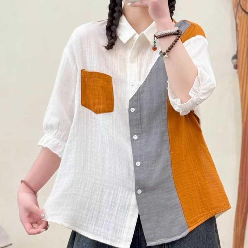 Áo sơ mi nữ tay ngắn cotton dáng rộng, nhiều màu lựa chọn