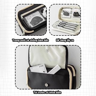 Hộp bút mèo đen – Vải Oxford chống nước, phong cách Ins – Nhiều ngăn, chứa rộng rãi – Ngăn trước trong suốt