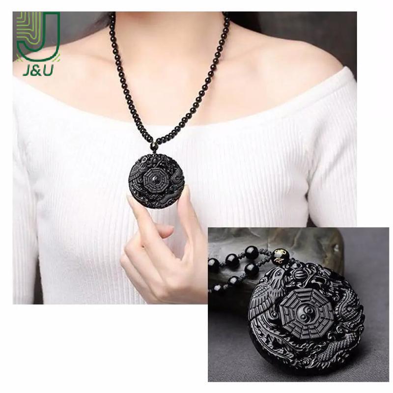 Dây chuyền obsidian tự nhiên khắc rồng và phượng hoàng, bùa hộ mệnh Bagua dành cho nữ