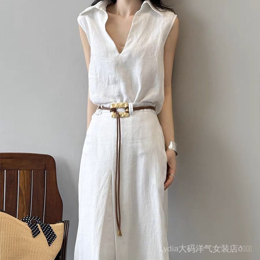 Bộ đồ trắng không tay hai mảnh gồm áo sơ mi và váy chữ A, phong cách Hàn Quốc, phù hợp mùa hè