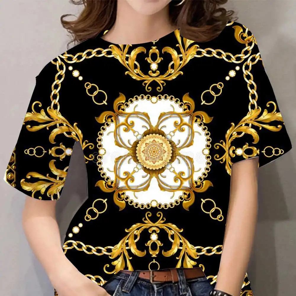Áo thun cổ tròn tay ngắn in họa tiết Baroque 3D, thoải mái cho mùa hè