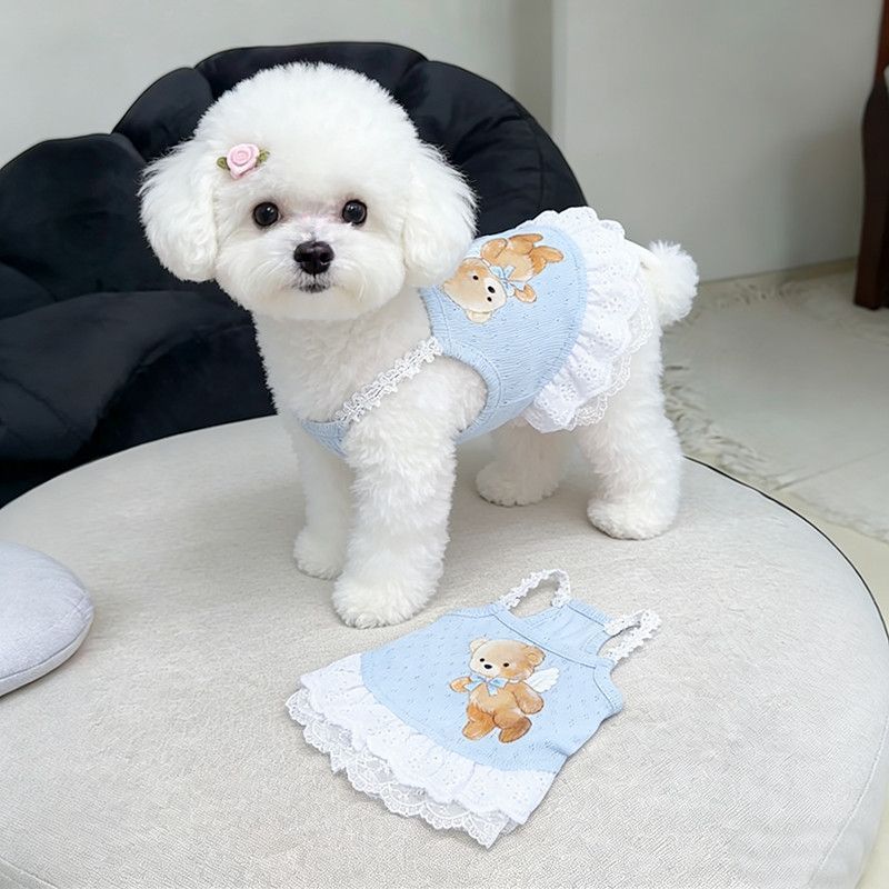 Quần Áo Cho Chó Mùa Xuân Mùa Hè Áo Vest Mỏng In Hình Gấu Váy Ren Quần Áo Thú Cưng